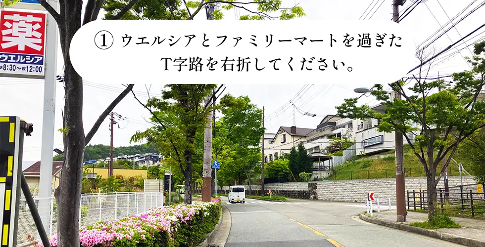 ウェルシアとファミリーマートを過ぎたT字路を右折してください。