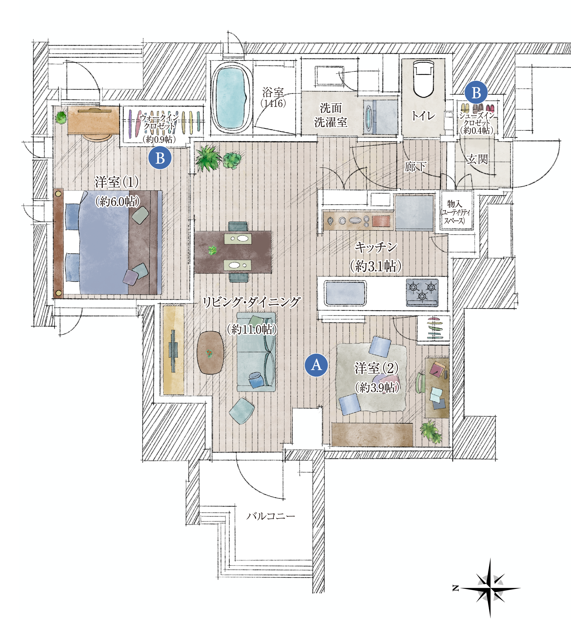タイプA家具付き間取り