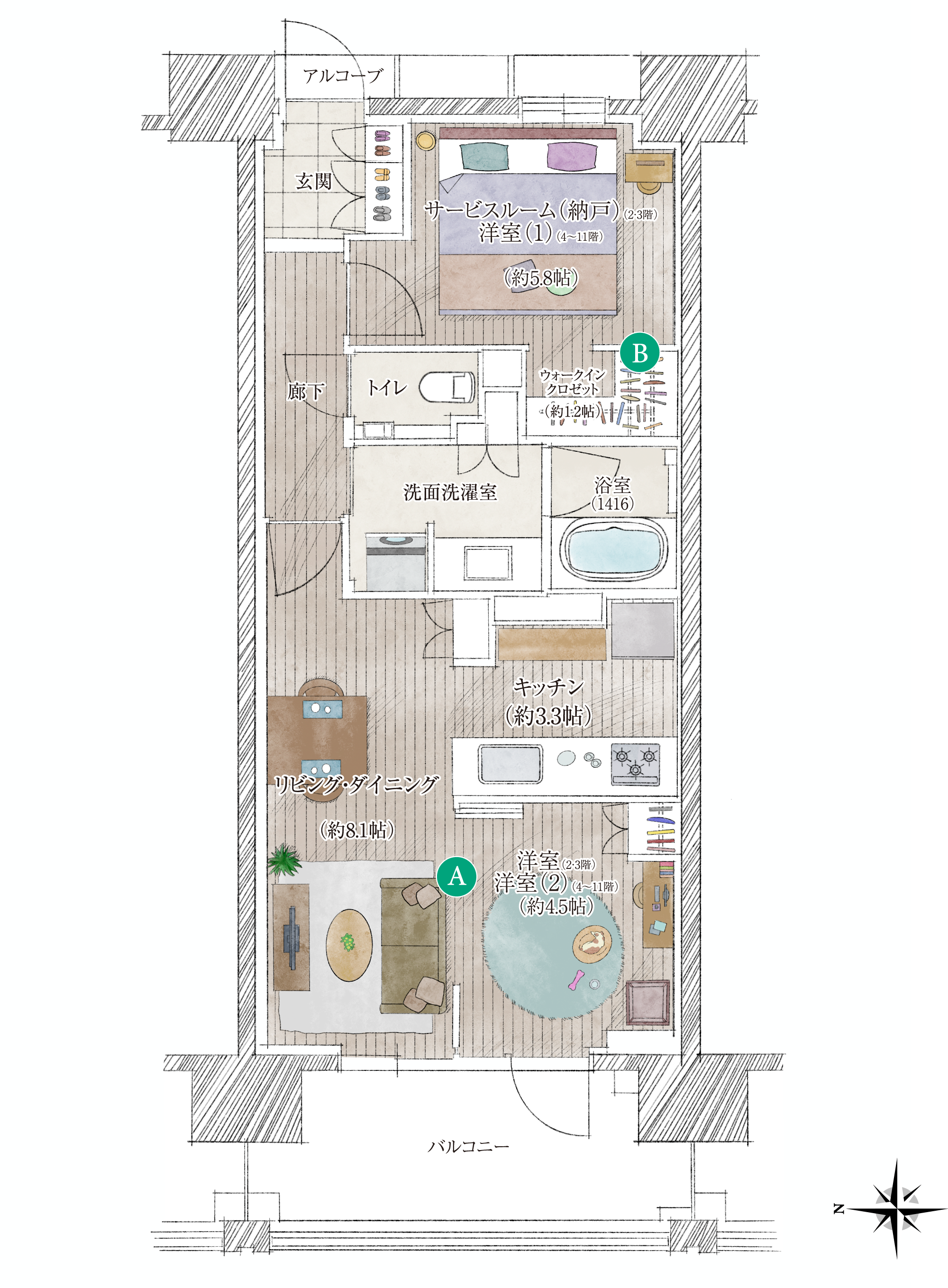 タイプA家具付き間取り