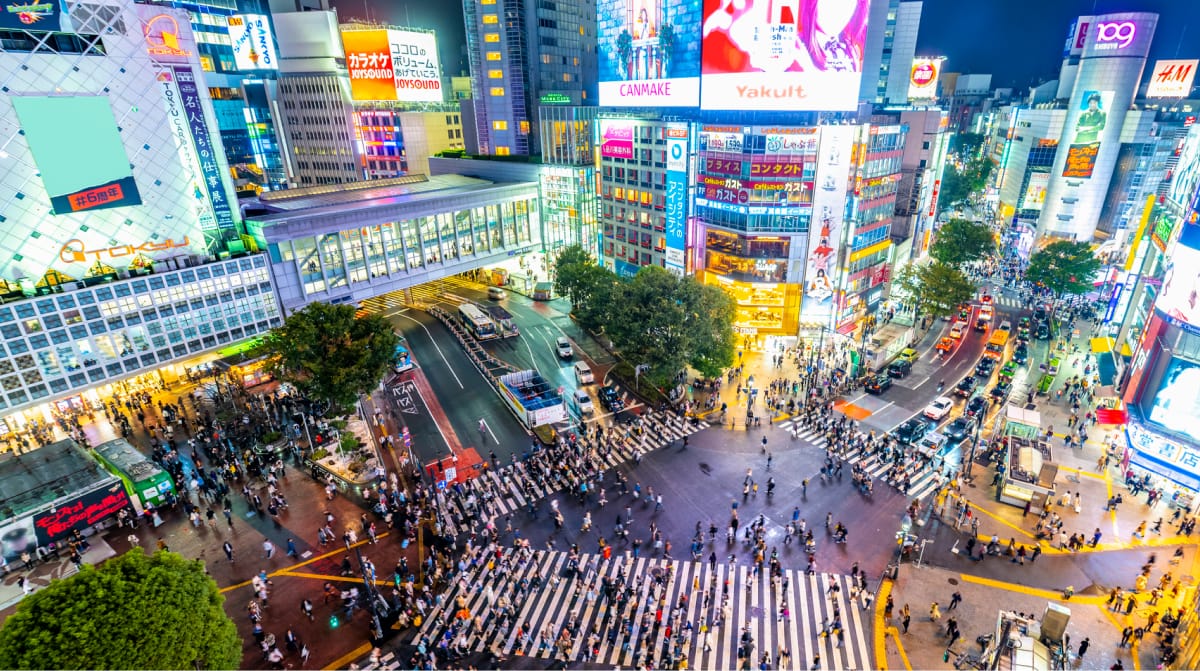 渋谷スクランブル交差点の夜景（イメージ写真）