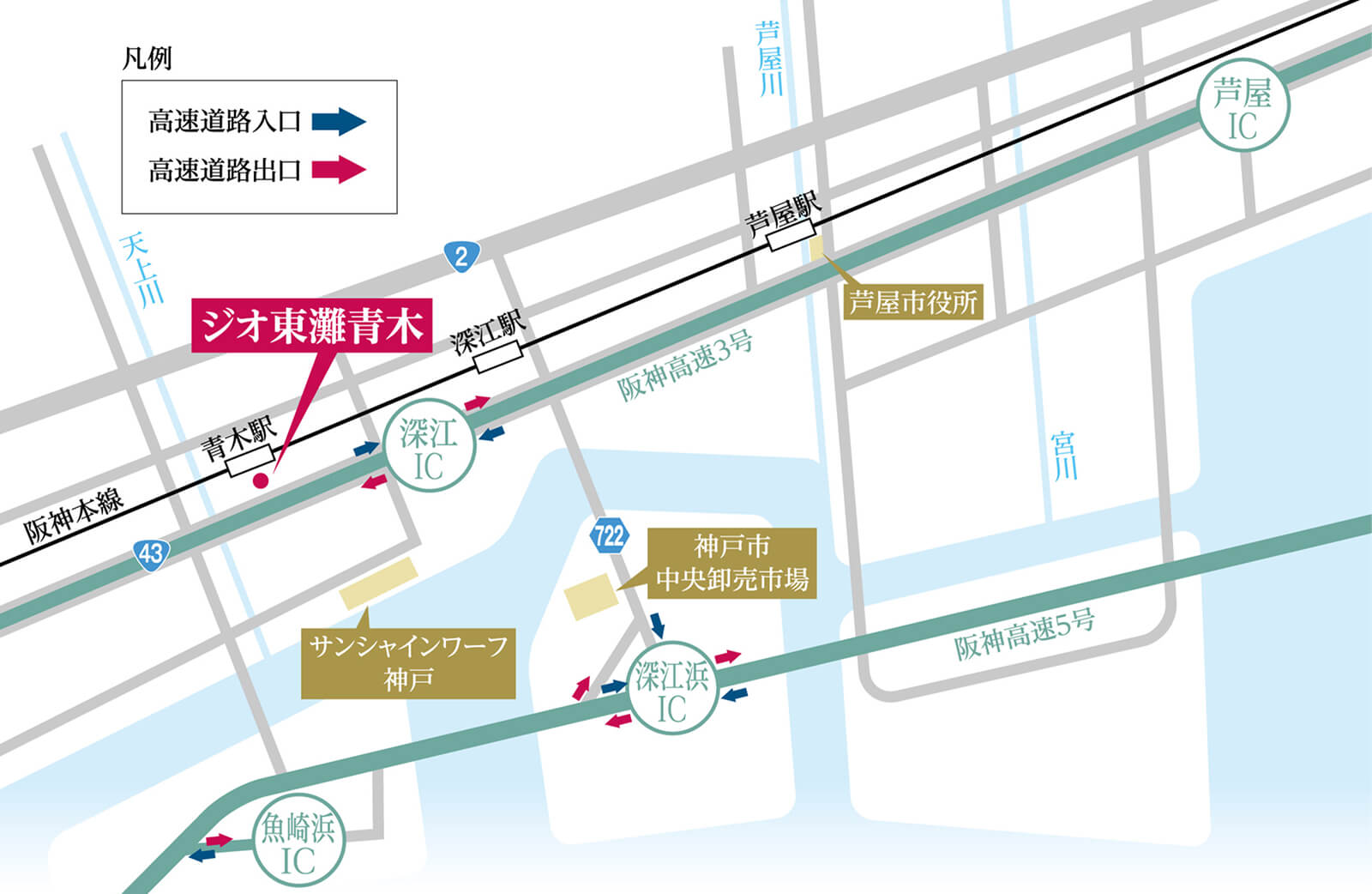 ジオ東灘青木周辺の道路図