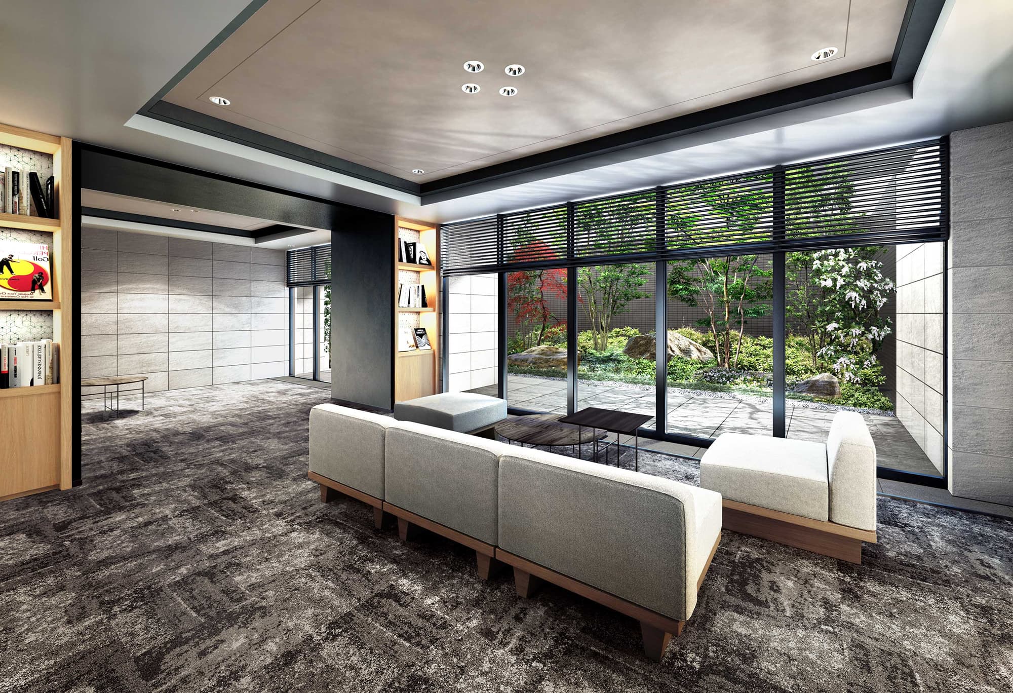 庭を望むモダンなラウンジスペース