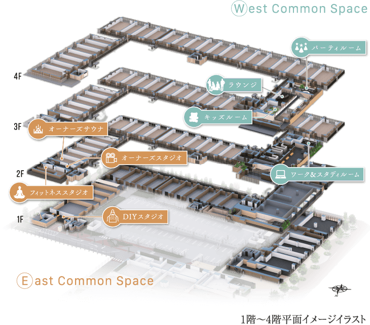 1階〜4階平面イメージイラスト