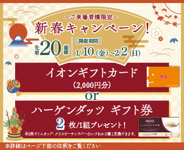 ご来場者様限定新春キャンペーン　イオン商品券、またはハーゲンダッツギフト券をプレゼント　詳細はページ下部の注釈をご覧ください。