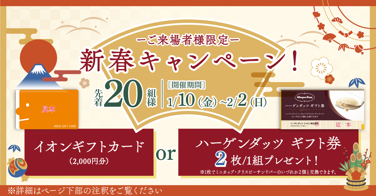 ご来場者様限定新春キャンペーン　イオン商品券、またはハーゲンダッツギフト券をプレゼント　詳細はページ下部の注釈をご覧ください。