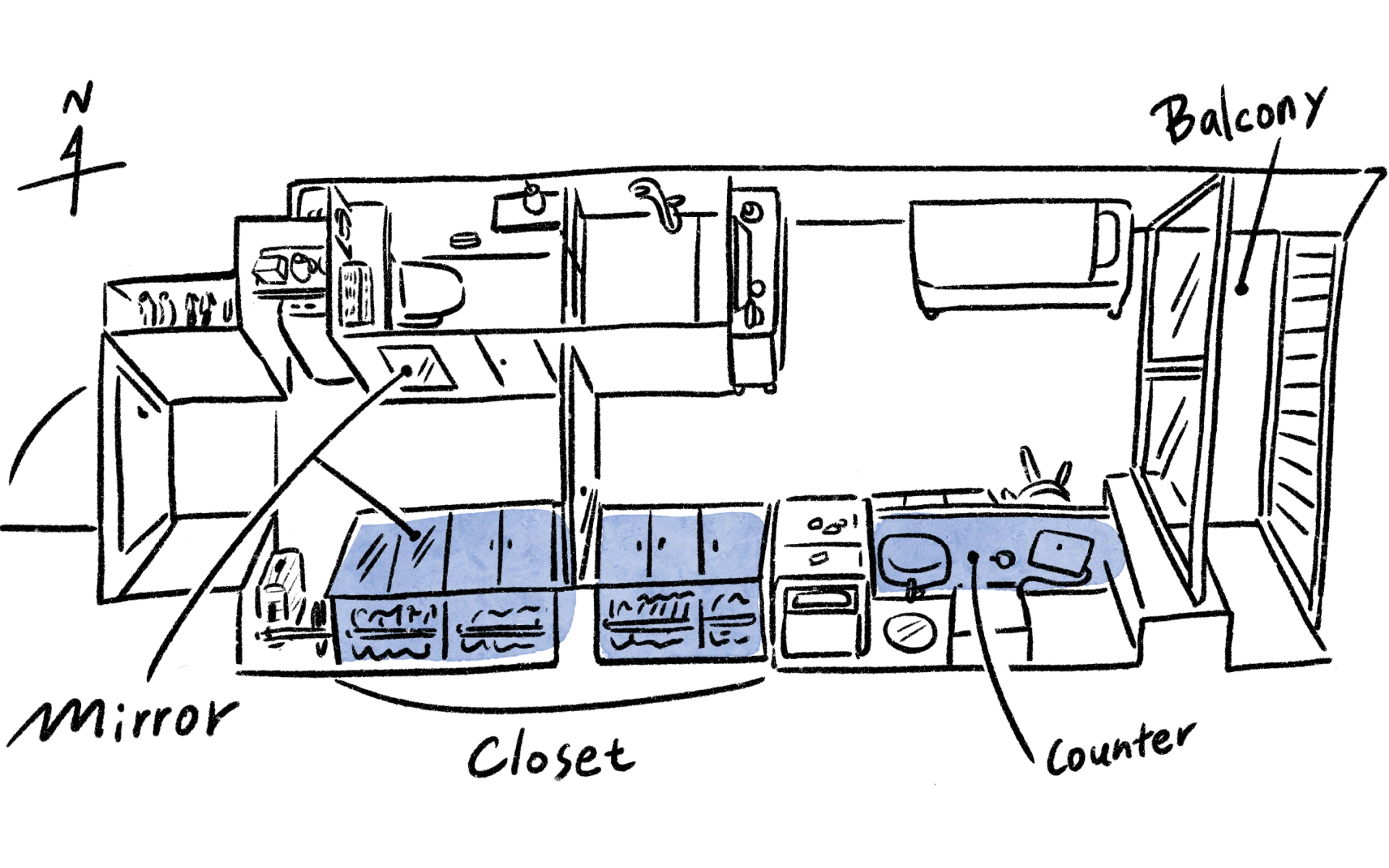 タイプB（1R）の手描き間取り図。Closet・Carrycase Space・Mirror・Counterを配置。