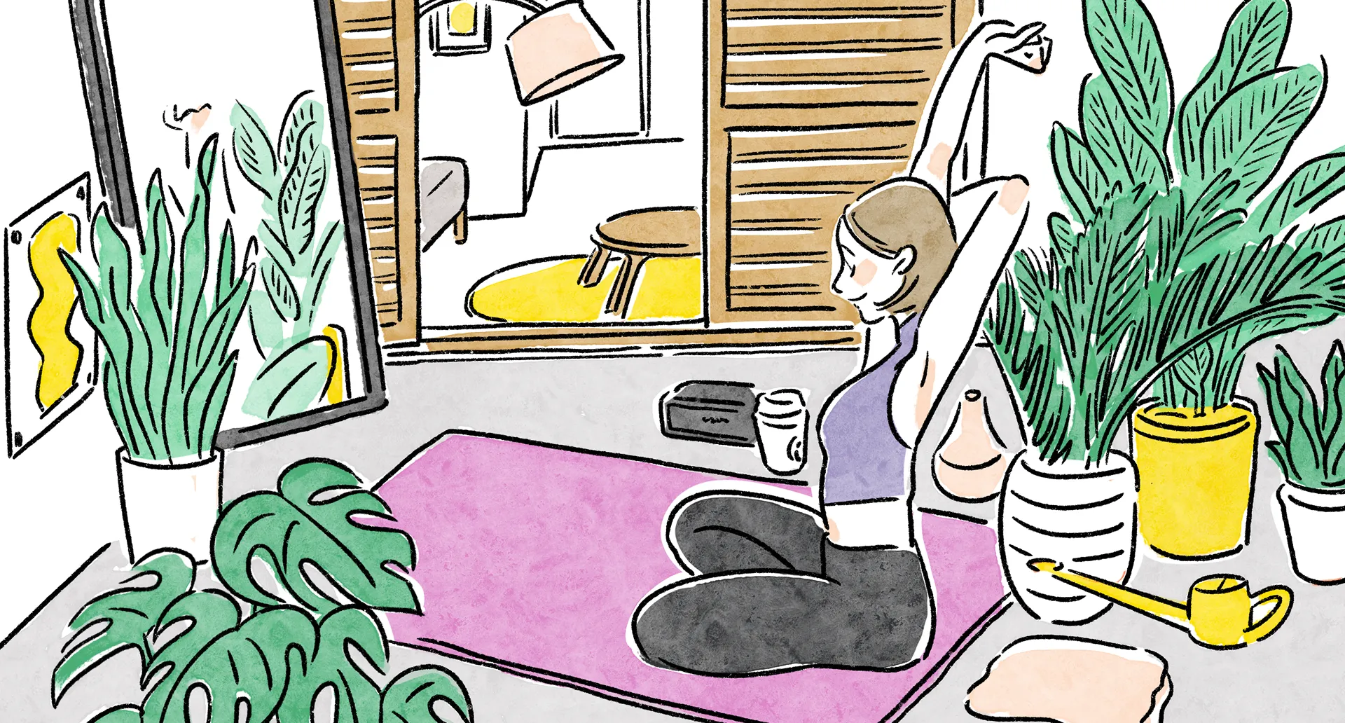 観葉植物に囲まれたサンルームでヨガを楽しむ人物を描いたタイプDの部屋イメージ