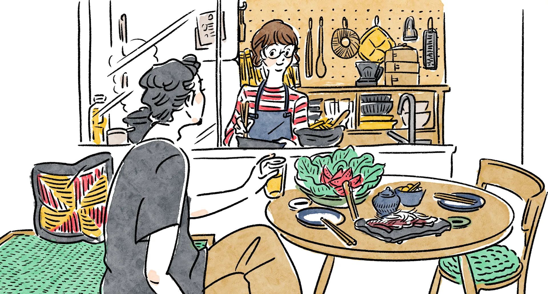 有孔ボードに調理器具を飾ったオープンキッチンと、料理を囲む二人を描いたタイプEの部屋イメージ