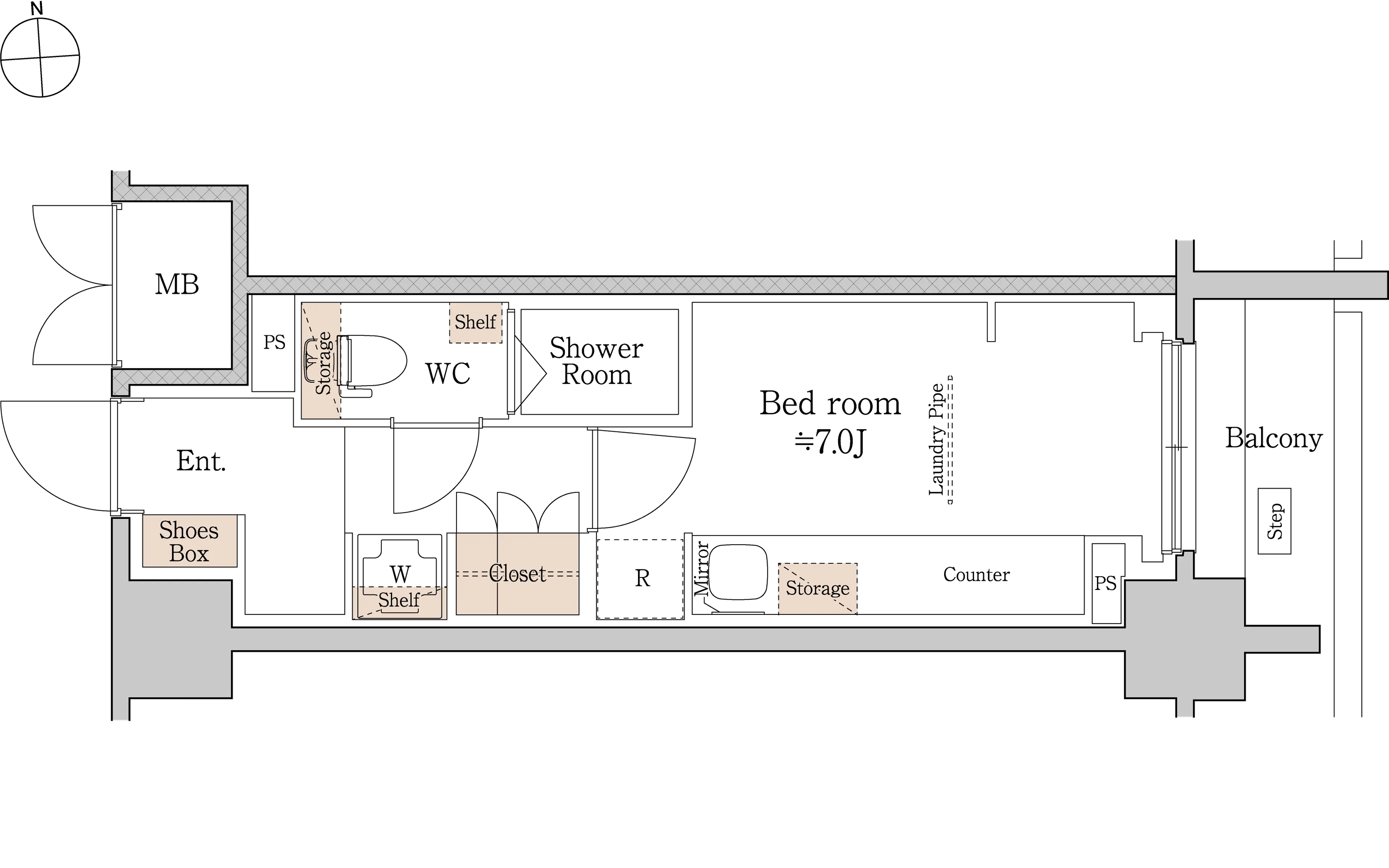 タイプF（1R）の平面図。各室の配置と設備を示す。