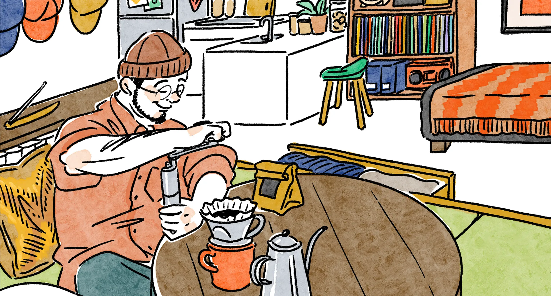 コーヒーミルで豆を挽く人物と、書棚のあるくつろぎスペースを描いたタイプGの部屋イメージ