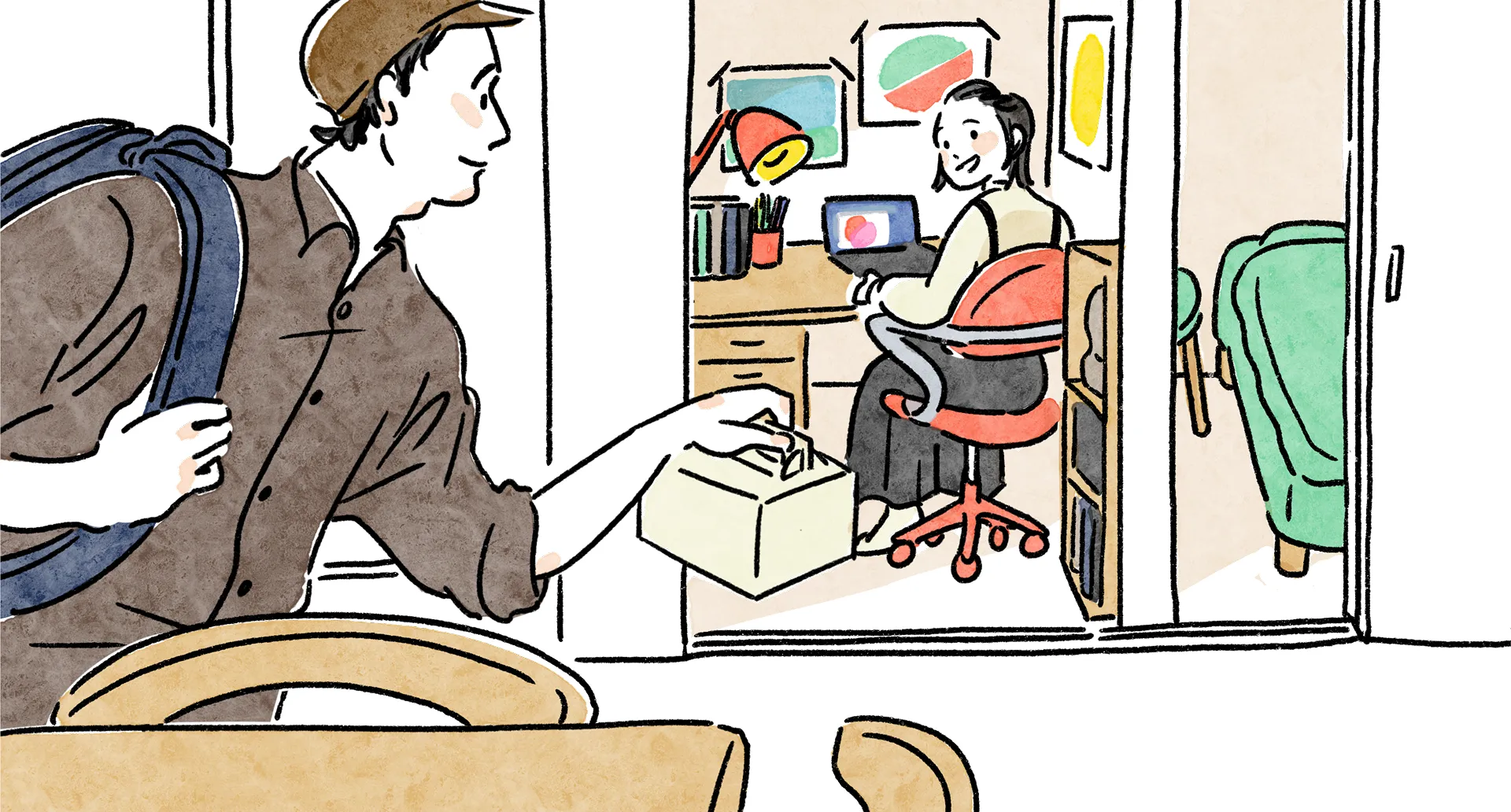 外出前の人物と、個室のワークスペースでノートPCに向かう人物を描いたタイプHの部屋イメージ
