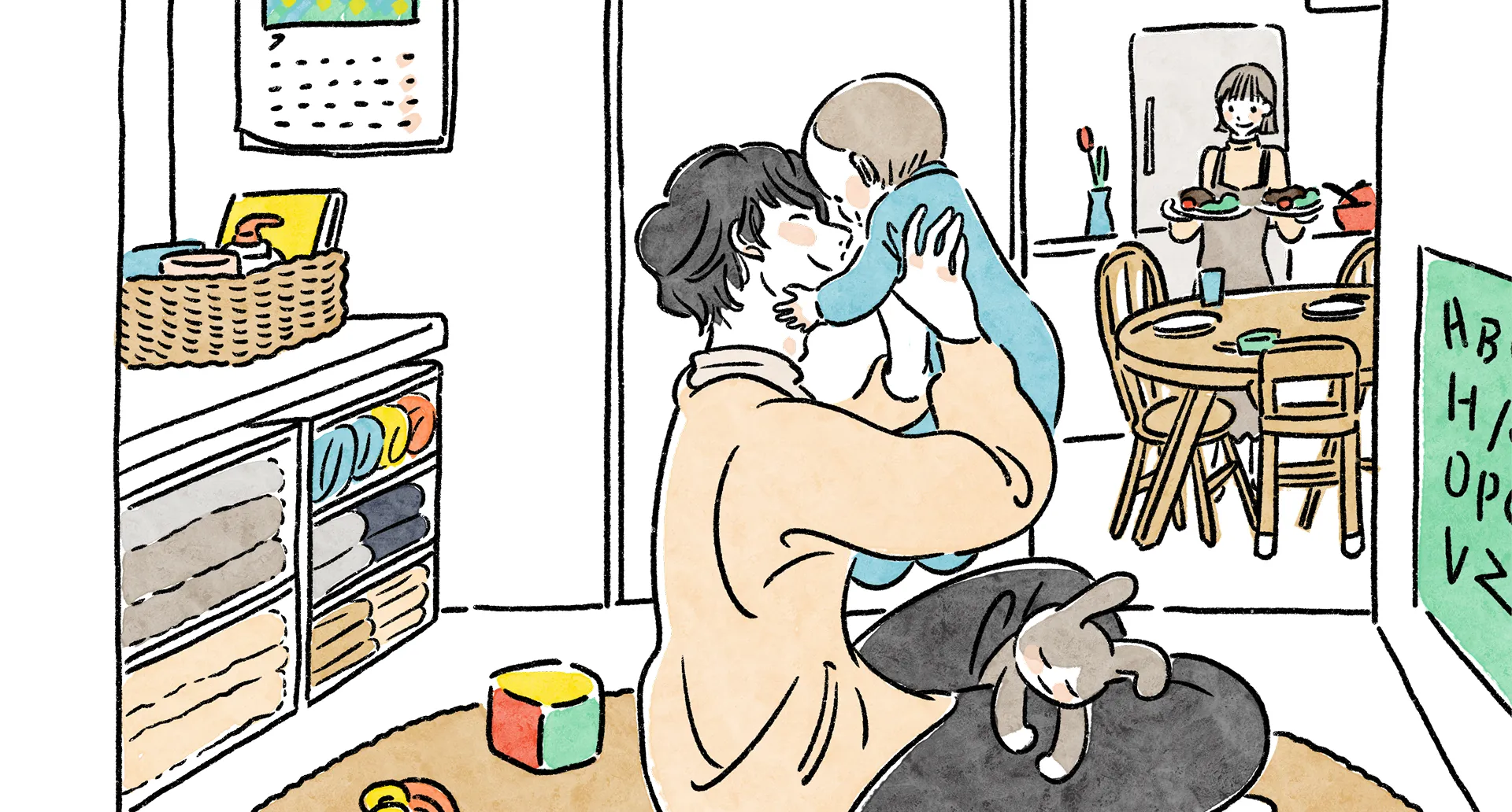 赤ちゃんを抱き上げる人物と、奥で食卓の準備をする家族を描いたタイプIの部屋イメージ
