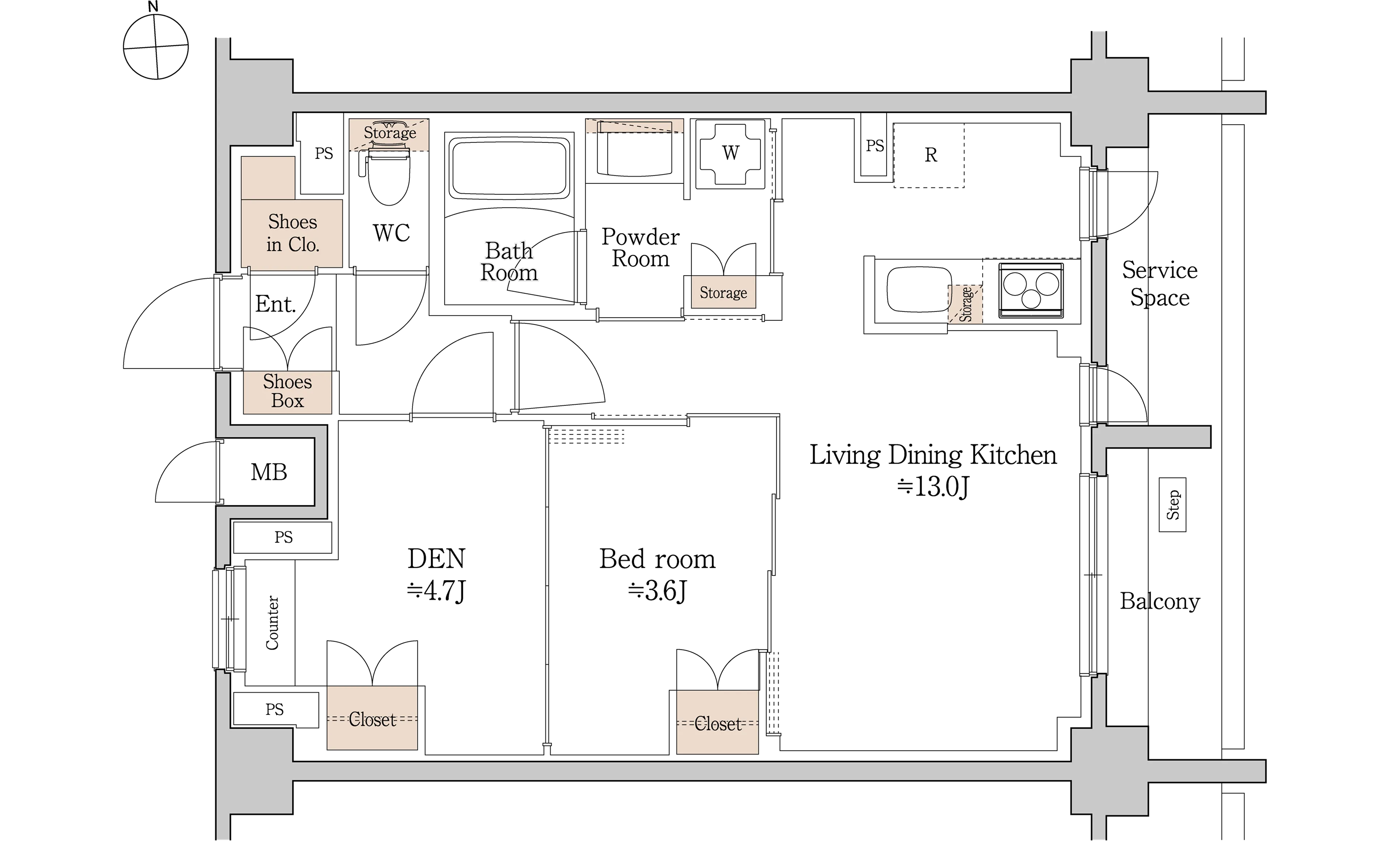 タイプJ（1LDK+DEN）の平面図。各室の配置と設備を示す。