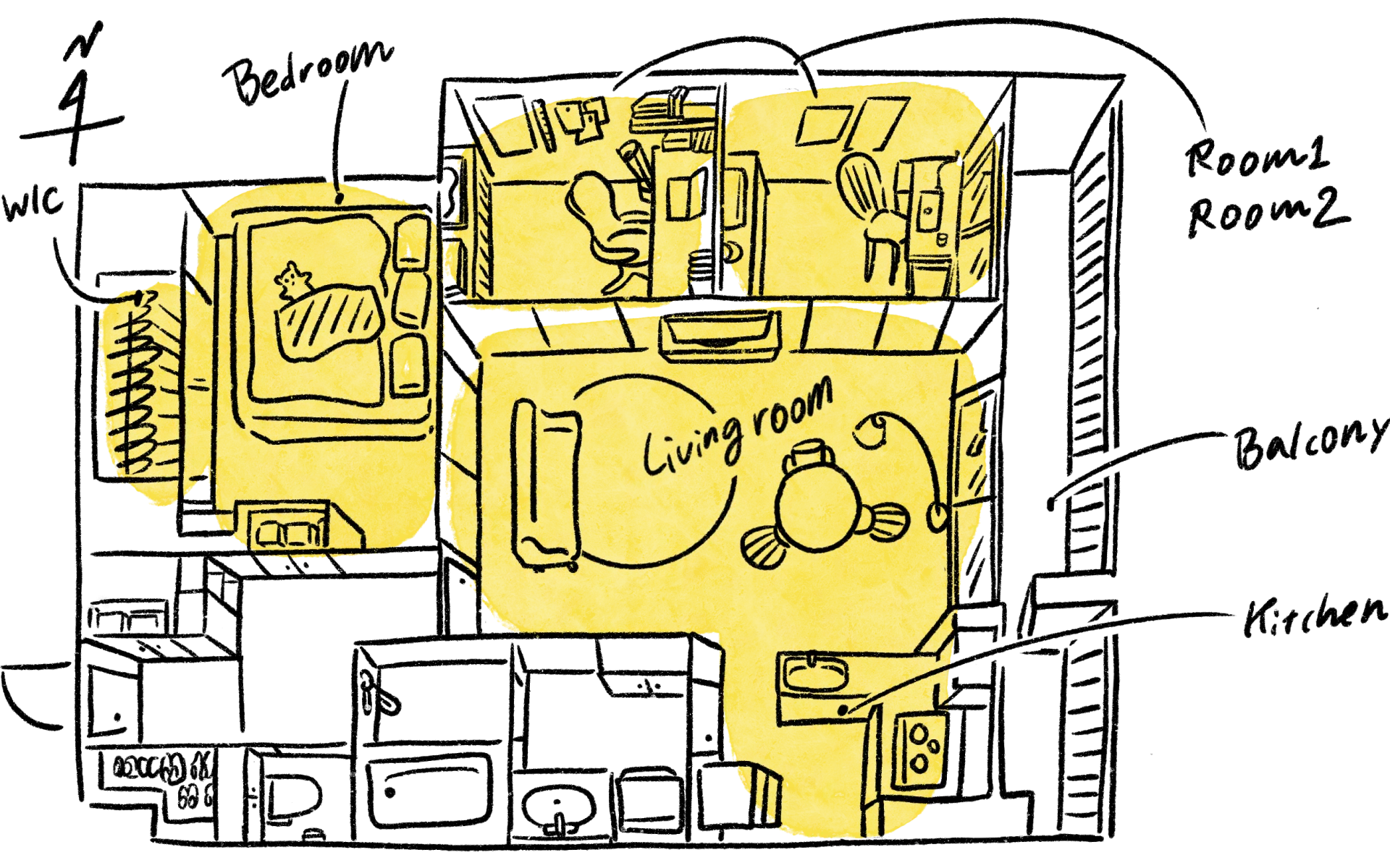 タイプK（2LDK+DEN）の手描き間取り図。WIC・Bedroom・Room1・Room2・Living room・Kitchenを配置。