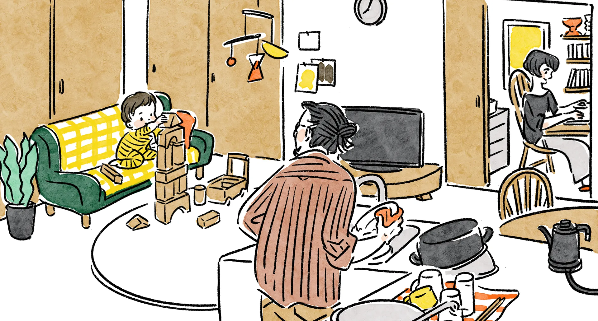 積み木を積む子どもと、キッチンで洗い物をする人物を描いたタイプKの部屋イメージ