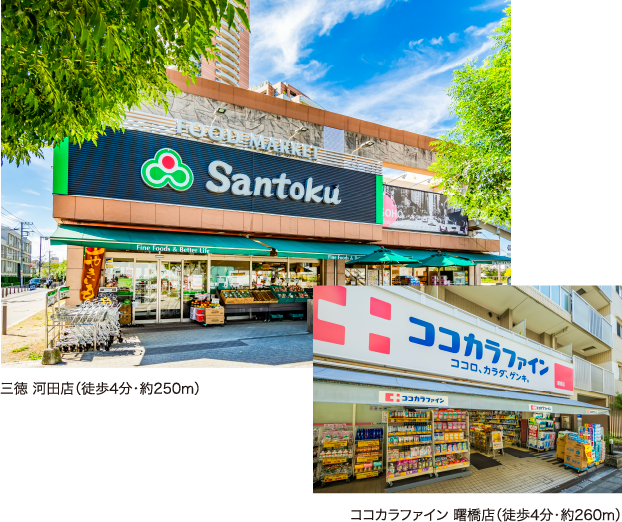スーパー三徳河田店（徒歩4分・約250m）、ココカラファイン曙橋店（徒歩4分・約260m）